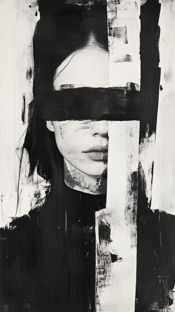 Black-and-white painting of a partially hidden face, with dramatic light and shadow interplay, evoking themes of mystery, anonymity, and introspection.