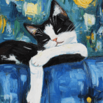 Black and white cat lounging with a content expression, set against a swirling starry background in yellow and blue tones, evoking tranquility and comfort.