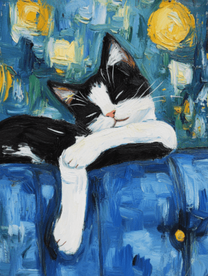 Black and white cat lounging with a content expression, set against a swirling starry background in yellow and blue tones, evoking tranquility and comfort.