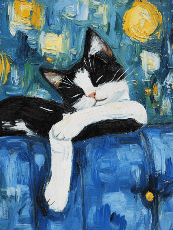 Black and white cat lounging with a content expression, set against a swirling starry background in yellow and blue tones, evoking tranquility and comfort.