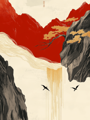 A serene landscape of bold red mountains and cascading waterfalls, accented with golden highlights and silhouettes of flying birds, evoking tranquility and harmony in nature.