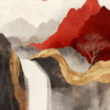 A tranquil landscape with vibrant reds, earthy tones, and a cascading waterfall, highlighted by a solitary tree and distant mountains. The warm glow of a setting sun enhances the peaceful atmosphere, symbolizing nature's quiet strength.