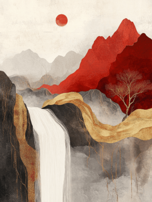 A tranquil landscape with vibrant reds, earthy tones, and a cascading waterfall, highlighted by a solitary tree and distant mountains. The warm glow of a setting sun enhances the peaceful atmosphere, symbolizing nature's quiet strength.