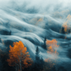 A serene forest scene with golden autumn leaves and soft mist weaving through the trees, creating a dreamlike, peaceful atmosphere.