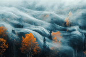 A serene forest scene with golden autumn leaves and soft mist weaving through the trees, creating a dreamlike, peaceful atmosphere.