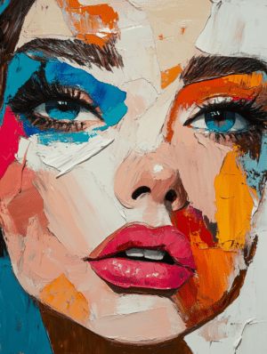 Close-up of a woman's face with bold blue, orange, and pink hues, emphasizing her intense blue eyes and full lips, conveying confidence and creative energy.
