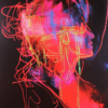 An abstract portrait with neon colors in reds, pinks, and greens highlighting a profile, set against a dark background, conveying emotion and movement through energetic lines.