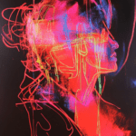 An abstract portrait with neon colors in reds, pinks, and greens highlighting a profile, set against a dark background, conveying emotion and movement through energetic lines.