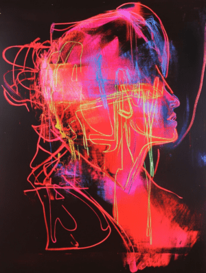 An abstract portrait with neon colors in reds, pinks, and greens highlighting a profile, set against a dark background, conveying emotion and movement through energetic lines.