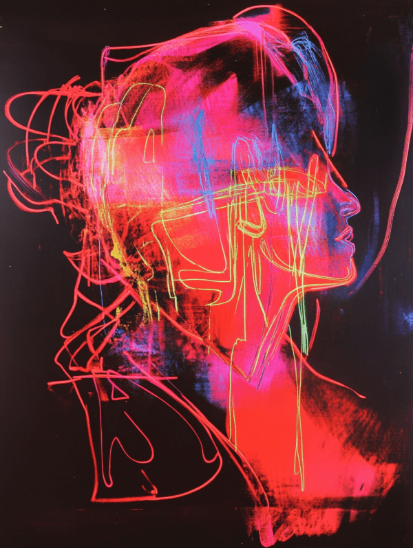 An abstract portrait with neon colors in reds, pinks, and greens highlighting a profile, set against a dark background, conveying emotion and movement through energetic lines.