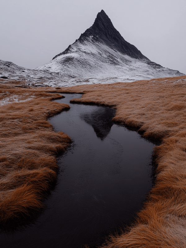 A breathtaking mountain peak with a serene stream, muted grass tones, and a snow-dusted summit, creating a tranquil yet powerful scene.