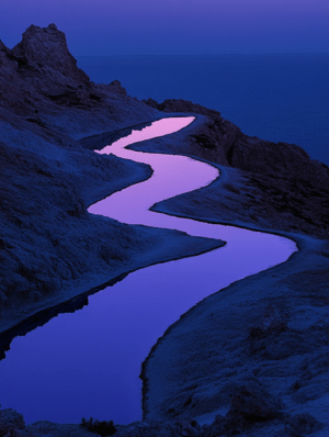 A winding waterway reflects soft purples and blues of twilight, cutting through rugged terrain, creating a serene and peaceful atmosphere in the landscape.