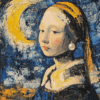 A modern reimagining of the "Girl with a Pearl Earring," set against a vibrant night sky with swirling blues and golds, highlighting the moon and the iconic pearl earring.