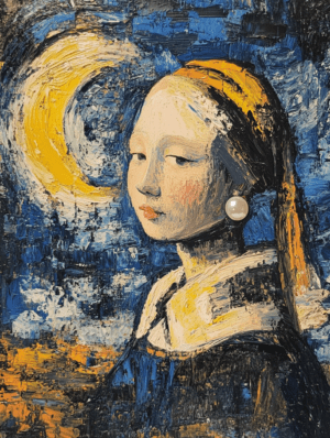 A modern reimagining of the "Girl with a Pearl Earring," set against a vibrant night sky with swirling blues and golds, highlighting the moon and the iconic pearl earring.
