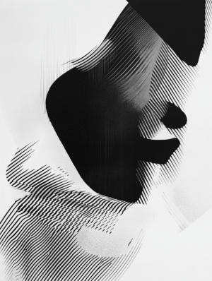 An abstract black and white artwork with dynamic lines and shapes creating a sense of movement and depth, highlighting the relationship between light and shadow.
