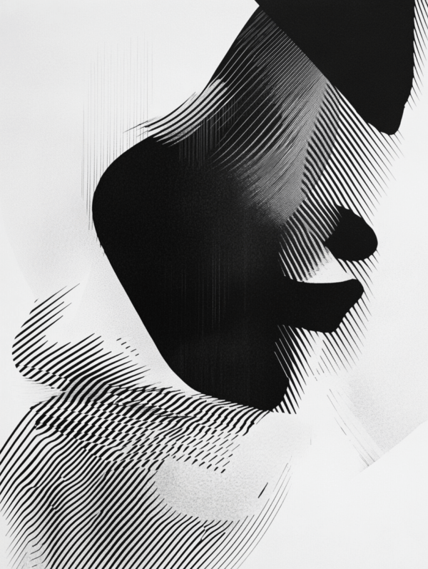 An abstract black and white artwork with dynamic lines and shapes creating a sense of movement and depth, highlighting the relationship between light and shadow.