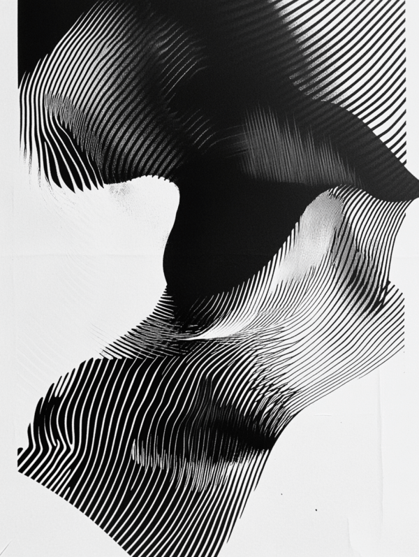 A dynamic composition of black and white lines, suggesting both form and abstraction, evoking a sense of movement and inviting contemplation on perception and meaning.