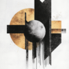 An abstract geometric artwork with black, white, and gold shapes, featuring an oval center and dynamic lines, conveying modern elegance and visual harmony.