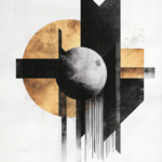 An abstract geometric artwork with black, white, and gold shapes, featuring an oval center and dynamic lines, conveying modern elegance and visual harmony.