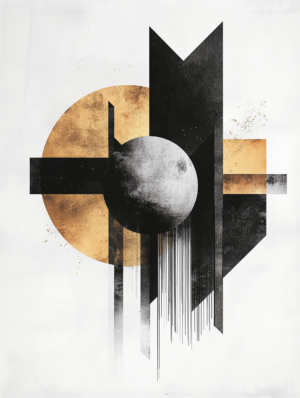An abstract geometric artwork with black, white, and gold shapes, featuring an oval center and dynamic lines, conveying modern elegance and visual harmony.