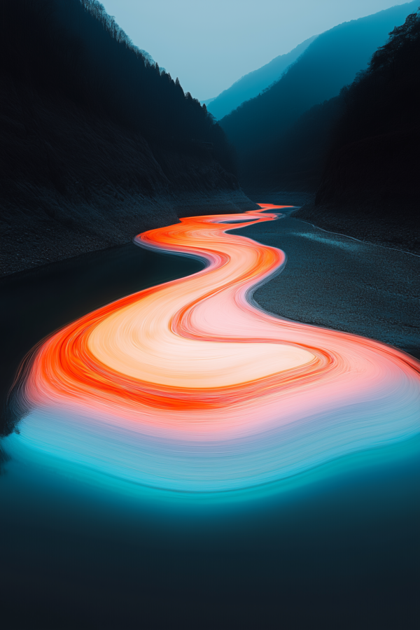 A winding river illuminated in vibrant hues of orange, pink, and blue flows through a dark, mountain landscape, creating a captivating abstract vision of nature’s beauty.