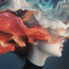 A serene profile with dynamic, colorful strands resembling waves of paint, blending fiery oranges, cool blues, and soft whites.