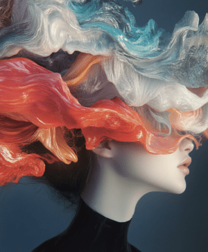 A serene profile with dynamic, colorful strands resembling waves of paint, blending fiery oranges, cool blues, and soft whites.