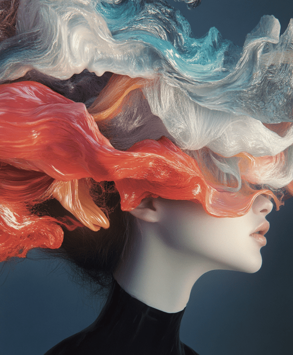 A serene profile with dynamic, colorful strands resembling waves of paint, blending fiery oranges, cool blues, and soft whites.