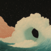 A dreamy wave enveloped in billowing clouds, set against a starry night sky, blending oceanic and cosmic elements.