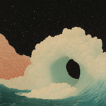 A dreamy wave enveloped in billowing clouds, set against a starry night sky, blending oceanic and cosmic elements.