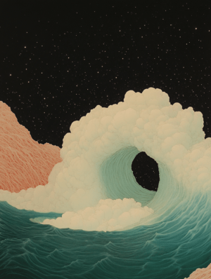 A dreamy wave enveloped in billowing clouds, set against a starry night sky, blending oceanic and cosmic elements.