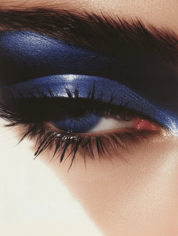 A striking eye adorned with shimmering blue eyeshadow, emphasizing depth, intensity, and the art of makeup.