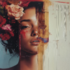 A woman's face partially obscured by vibrant flowers, blending natural beauty with abstraction to evoke themes of transformation, emotion, and the connection between humanity and nature.