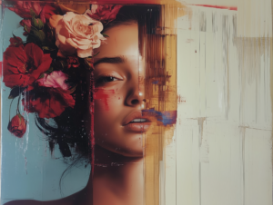 A woman's face partially obscured by vibrant flowers, blending natural beauty with abstraction to evoke themes of transformation, emotion, and the connection between humanity and nature.