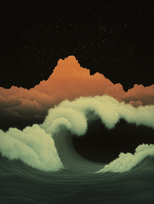A dramatic wave crashes against a glowing sky, with cosmic elements highlighting the harmony between the sea and the universe.