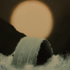 An abstract waterfall cascades from a circular form, surrounded by dark landscape and a luminous sun, symbolizing renewal and interconnectedness in nature.