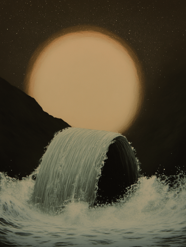 An abstract waterfall cascades from a circular form, surrounded by dark landscape and a luminous sun, symbolizing renewal and interconnectedness in nature.