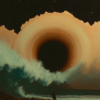 A dramatic seascape with towering waves crashing against a shoreline, framed by an eclipse-like void, evoking themes of exploration, mystery, and the cosmic relationship between earth and the universe.