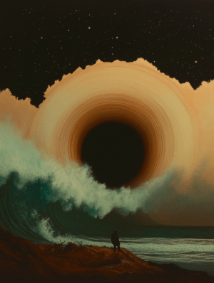 A dramatic seascape with towering waves crashing against a shoreline, framed by an eclipse-like void, evoking themes of exploration, mystery, and the cosmic relationship between earth and the universe.
