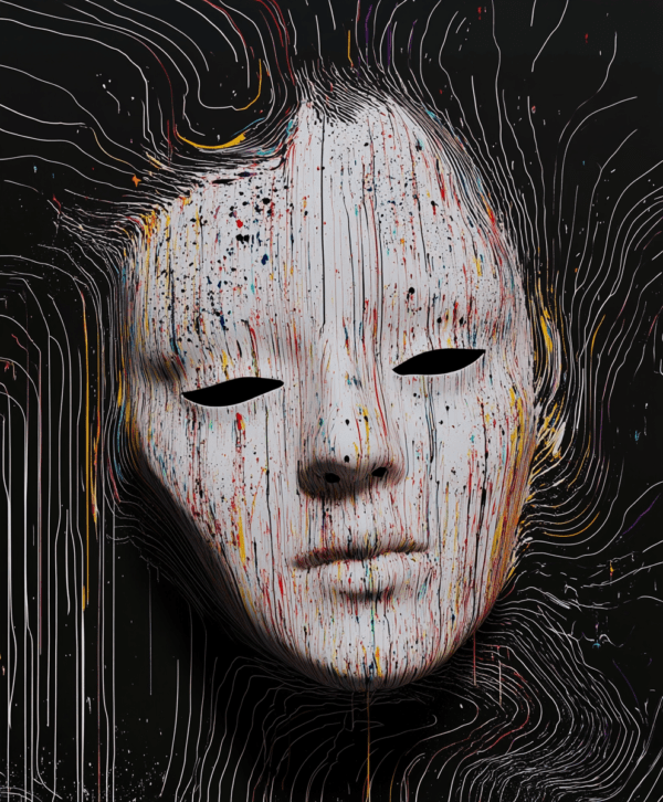A surreal portrait of a melting face with vivid paint drips against a dark background, representing transformation and emotional depth.
