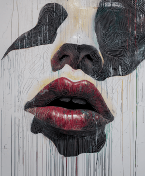 A striking abstract face with bold black and white contrasts, glossy lips, and dripping paint, symbolizing fluidity and emotional depth.
