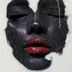 A monochromatic abstract portrait with intricate lines and glossy lips, symbolizing depth, tranquility, and self-reflection.
