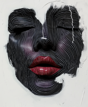 A monochromatic abstract portrait with intricate lines and glossy lips, symbolizing depth, tranquility, and self-reflection.