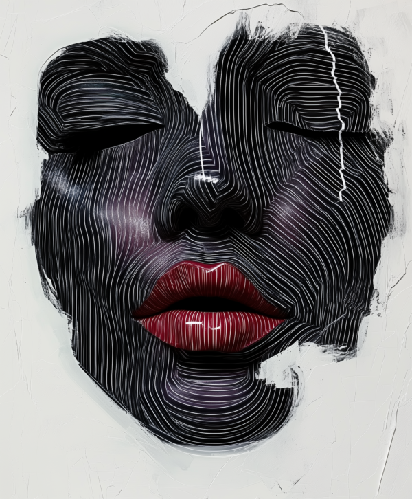 A monochromatic abstract portrait with intricate lines and glossy lips, symbolizing depth, tranquility, and self-reflection.
