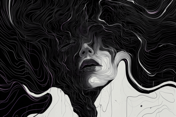 A monochromatic abstract portrait with swirling lines surrounding a serene face, representing introspection and transformation.