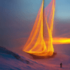 A sailboat with vibrant glowing sails sails through a surreal, twilight landscape, with snow-covered terrain and a figure standing on the shore, evoking a sense of adventure and exploration.