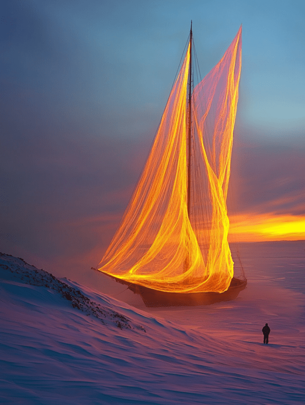 A sailboat with vibrant glowing sails sails through a surreal, twilight landscape, with snow-covered terrain and a figure standing on the shore, evoking a sense of adventure and exploration.