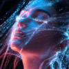 A close-up of a figure with glowing strands of light, merging cool blues and warm pinks around the face, symbolizing the fusion of humanity, light, and the cosmos.