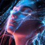 A close-up of a figure with glowing strands of light, merging cool blues and warm pinks around the face, symbolizing the fusion of humanity, light, and the cosmos.