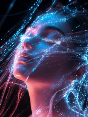 A close-up of a figure with glowing strands of light, merging cool blues and warm pinks around the face, symbolizing the fusion of humanity, light, and the cosmos.